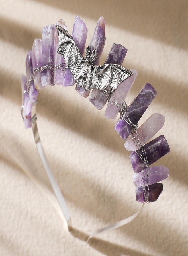 CoTeeZa Amethyst Crystal Crown for Women - Gothic Bat Elf Headband Raw Quartz Tiara Moon Goddess Headpiece, Whimsical Mystical Elven Circlet for Witch Renfaire Renaissance Halloween Cosplay - Image 4